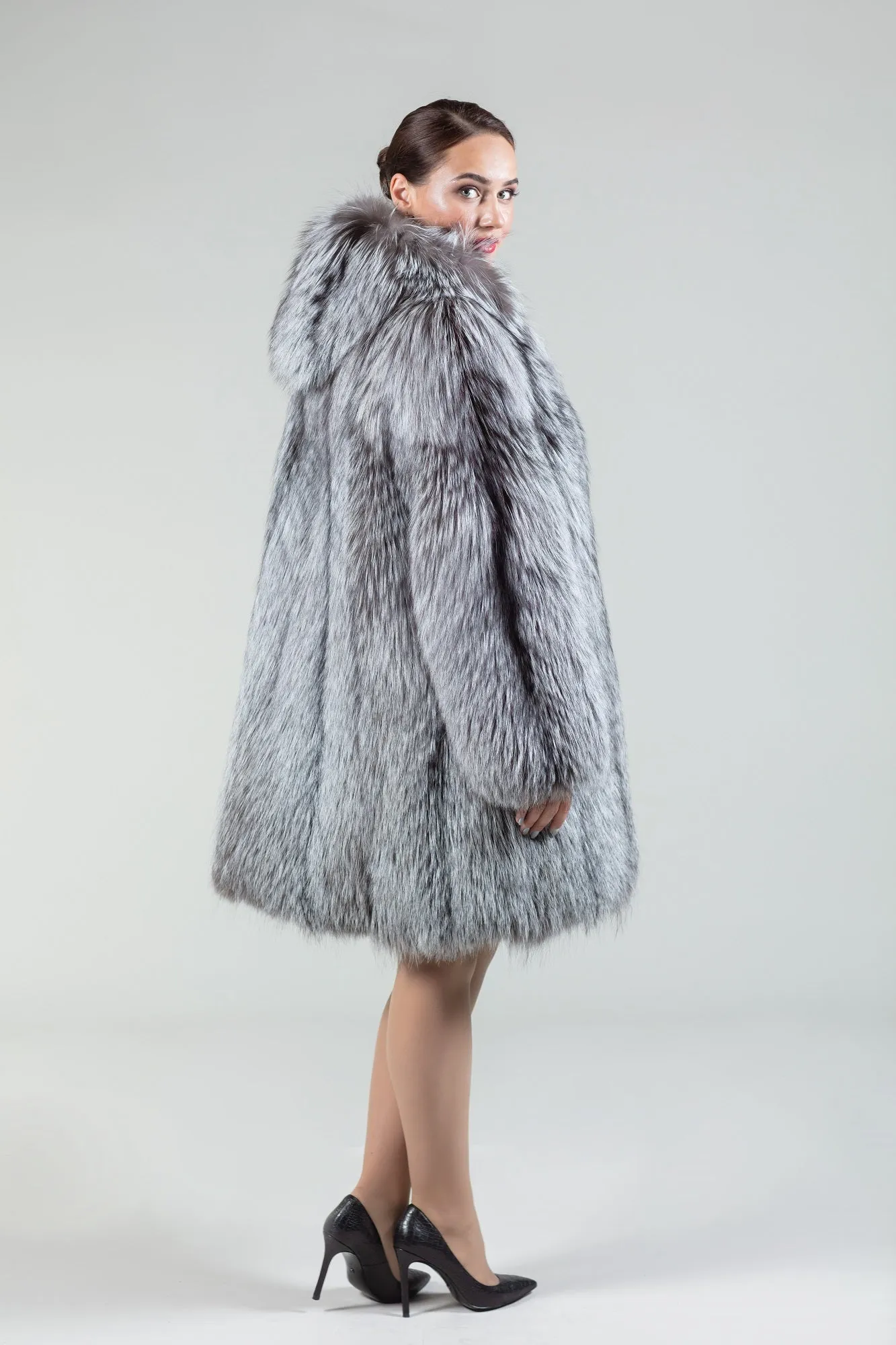 Real Silver Fox Fur Coat Hooded