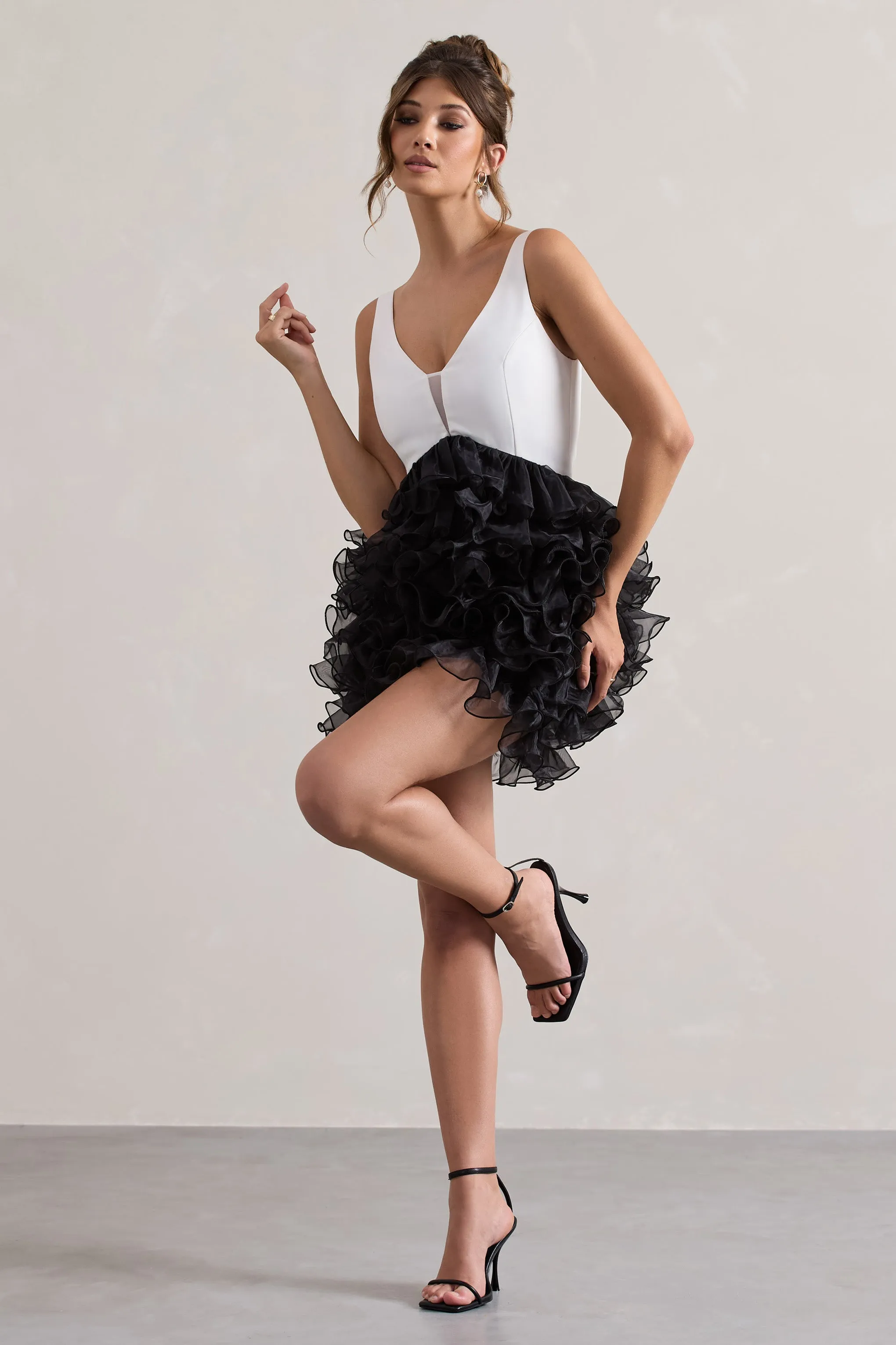 Riot | Black & White Plunge-Neck Mini Dress With Organza Skirt