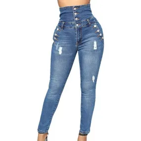 Ripped Button Fly High Waist Pencil Denim Jeans