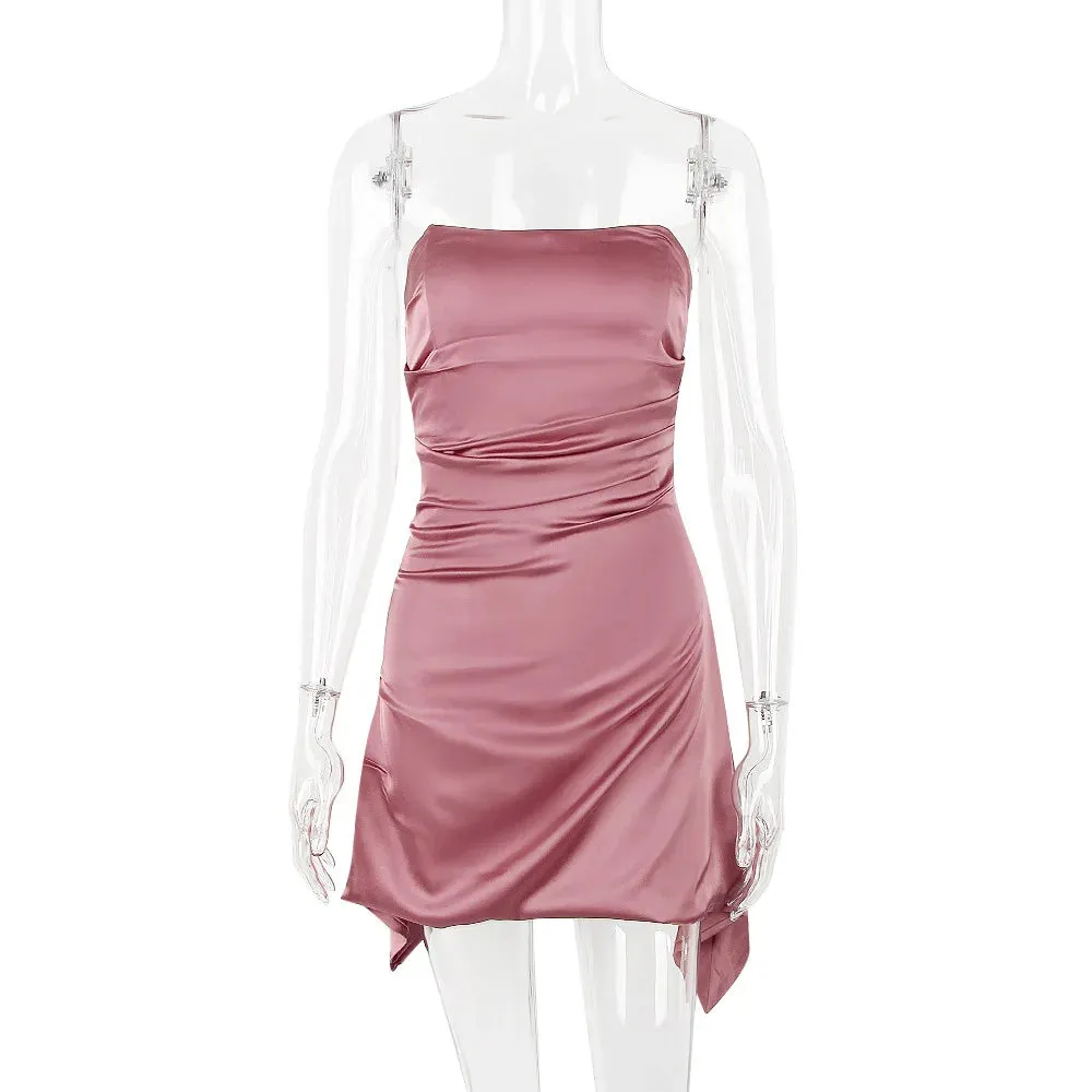 Satin Party Club Evening 2024 Backless Sleeveless Sexy Summer Bodycon Women Mini Ruched Dress Dress