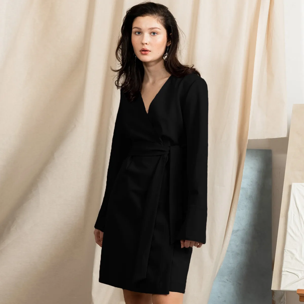 Short Wool Wrap Dress Black