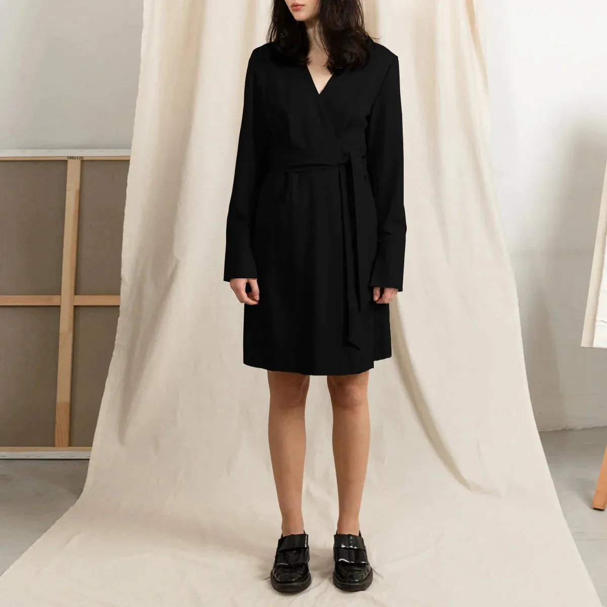 Short Wool Wrap Dress Black