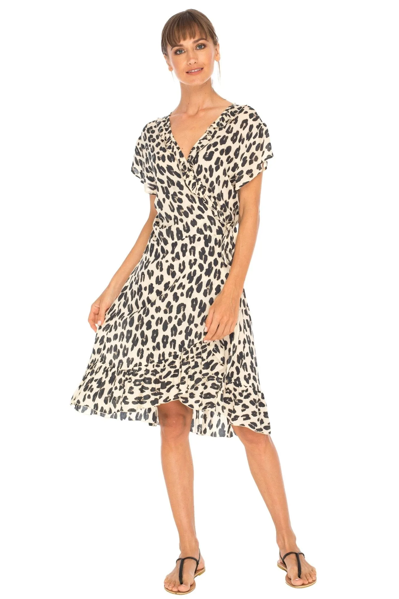 SHU-SHI Women's Flowy Short Leopard Print Wrap Dress with Cap Sleeves & Ruffle Trim