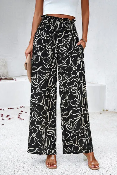 Smocked Printed Wide Leg Pants with Pockets