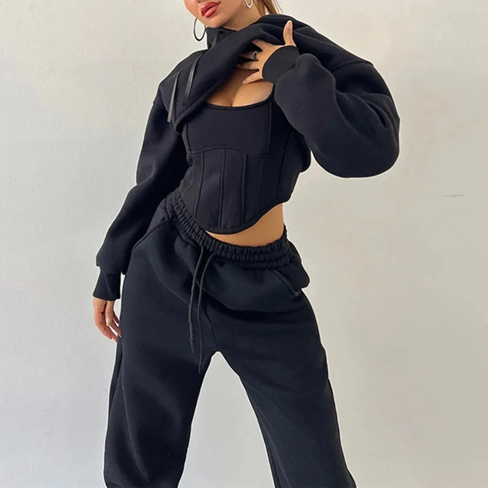 Solid Three Piece Set For Women Square Collar Sleeveless Vests Hooded Long Sleeve Top High Waist Pants Casual Sets Female