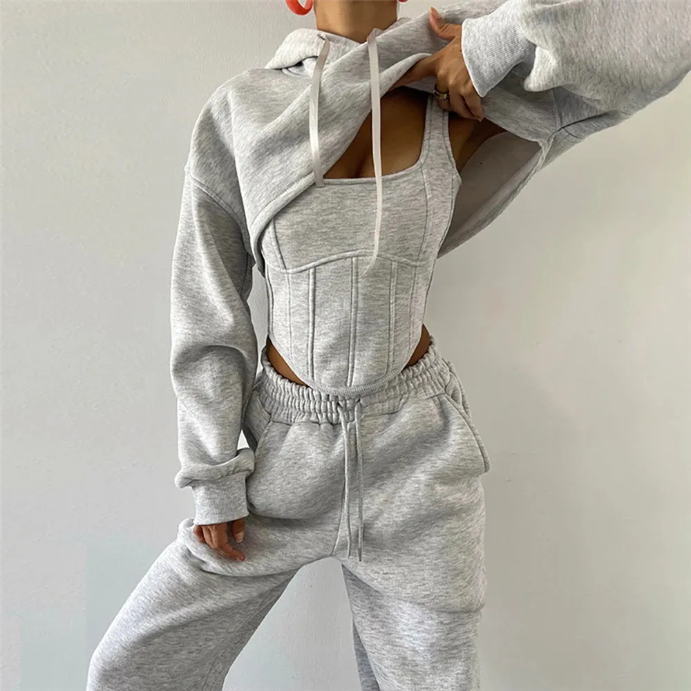 Solid Three Piece Set For Women Square Collar Sleeveless Vests Hooded Long Sleeve Top High Waist Pants Casual Sets Female