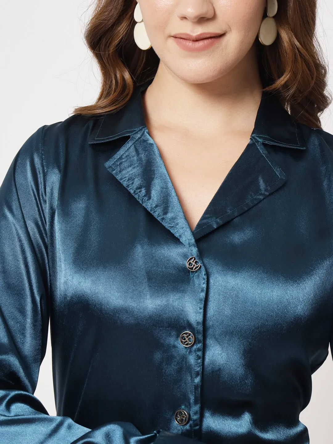 Spread Collar Satin Casual Shirt