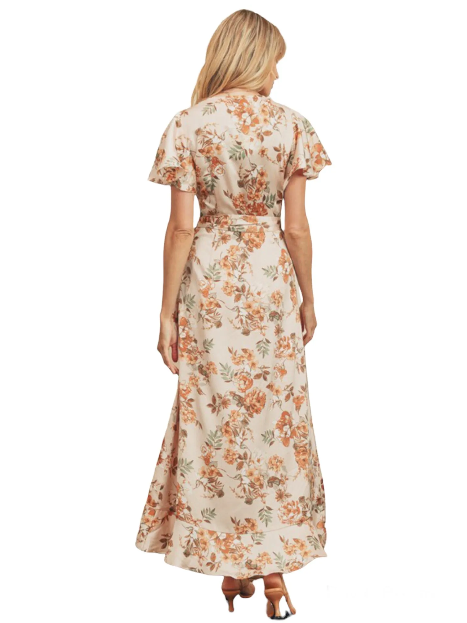 Spring Floral Satin Maxi Wrap Dress