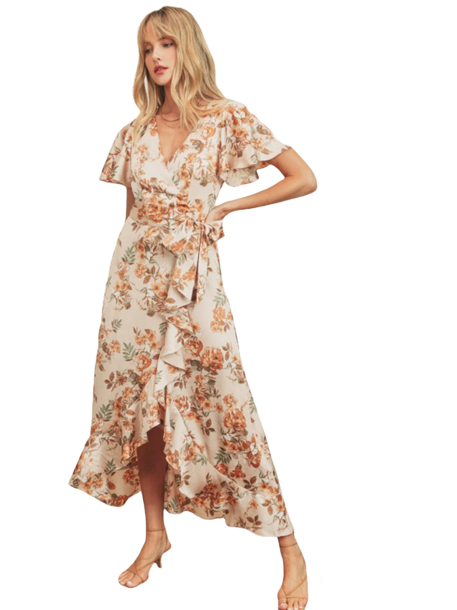 Spring Floral Satin Maxi Wrap Dress