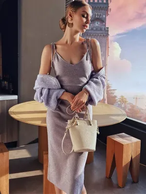 Spring Solid Matching Sets Slim Purple Strap Wrap Hip Knitted Dress V Neck Long Sleeve Knitted Cardigan Thin Sweaters  C-027