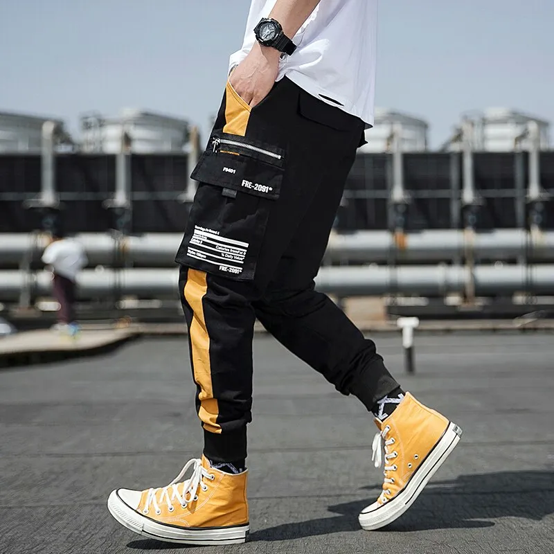 Streetwear Spring Casual Men's Pants Cotton Harem Ribbons Joggers Men Patchwork Fashion Ankle Length Jogger Pants For Boys