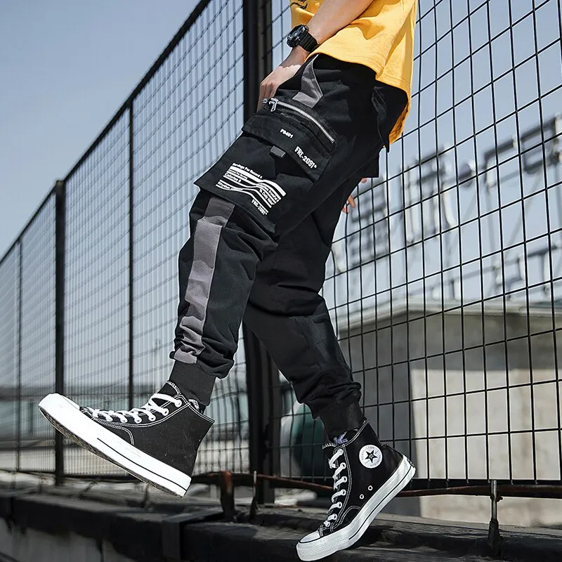 Streetwear Spring Casual Men's Pants Cotton Harem Ribbons Joggers Men Patchwork Fashion Ankle Length Jogger Pants For Boys