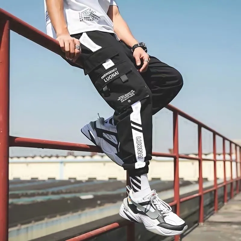 Streetwear Spring Casual Men's Pants Cotton Harem Ribbons Joggers Men Patchwork Fashion Ankle Length Jogger Pants For Boys