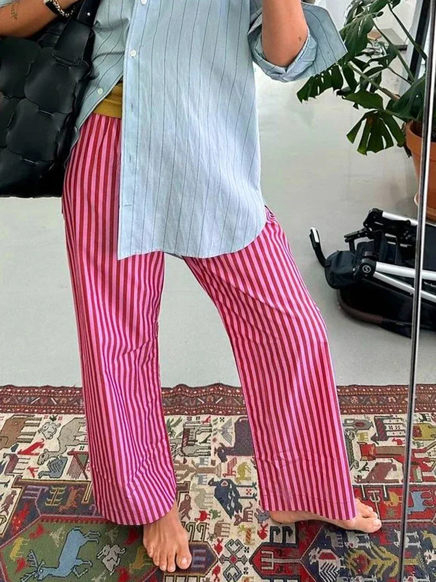 Stripe Print Elastic Office Streetwear Solid Pants