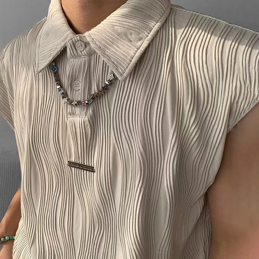 Summer Fashion Wave Striped Ribbed Lapel Tank Tops Mens Streetwear Vintage Solid Loose Button Vest Men Sleeveless Polo Shirt Top