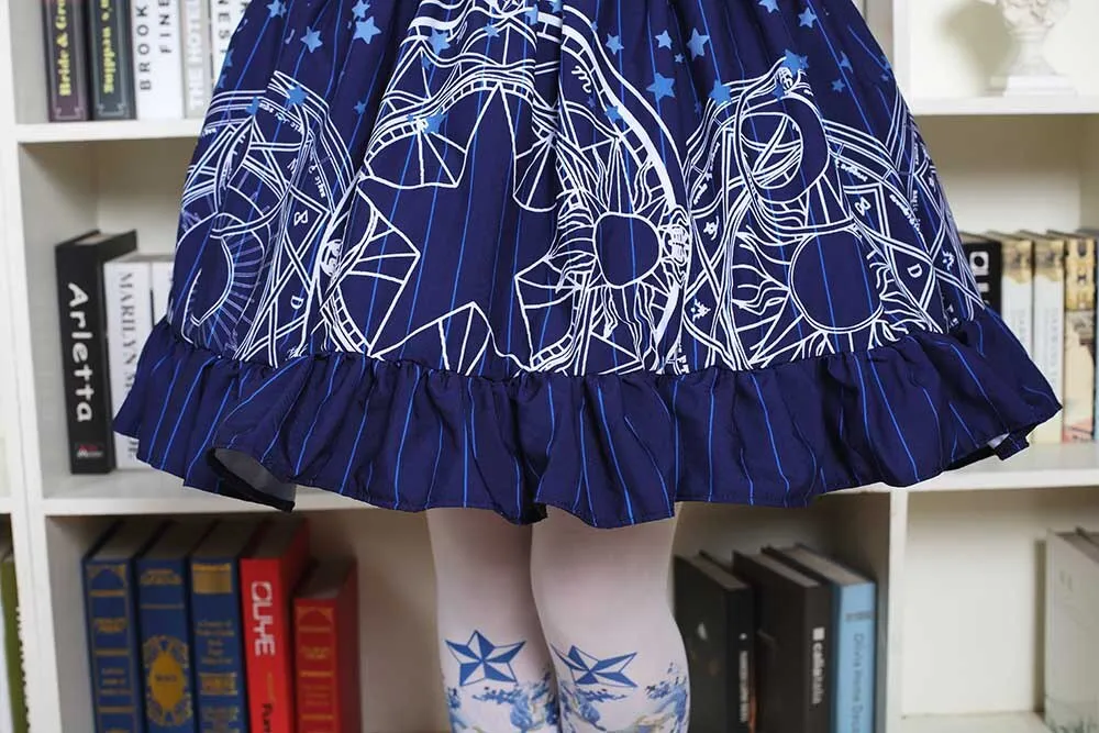 Sweet Mori Girl High Waist Skirt Blue Magic Circle Printed Lolita Short Skirt with Ruffles