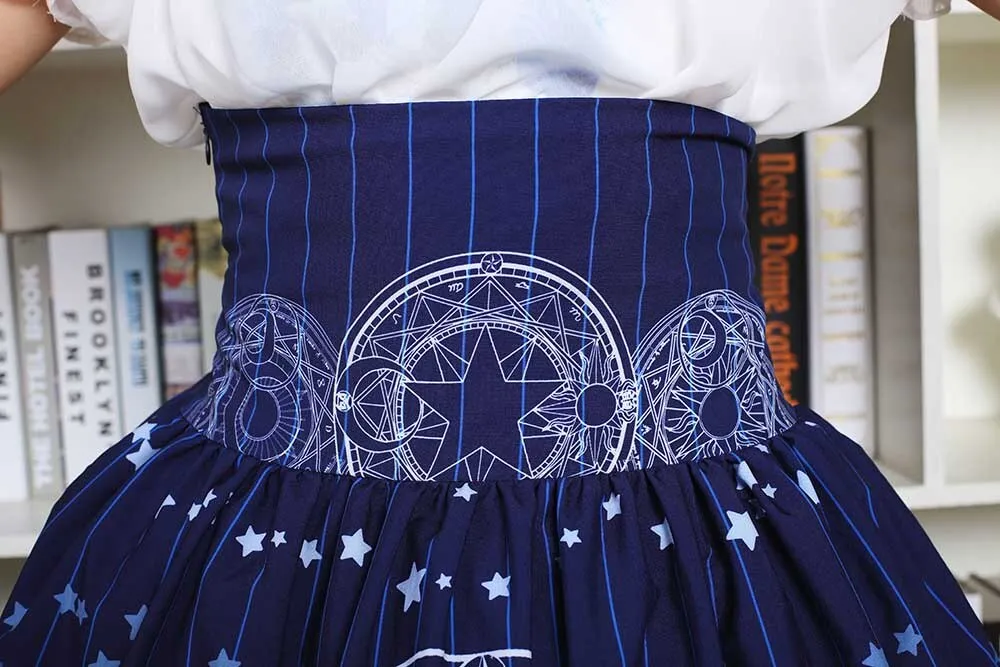 Sweet Mori Girl High Waist Skirt Blue Magic Circle Printed Lolita Short Skirt with Ruffles