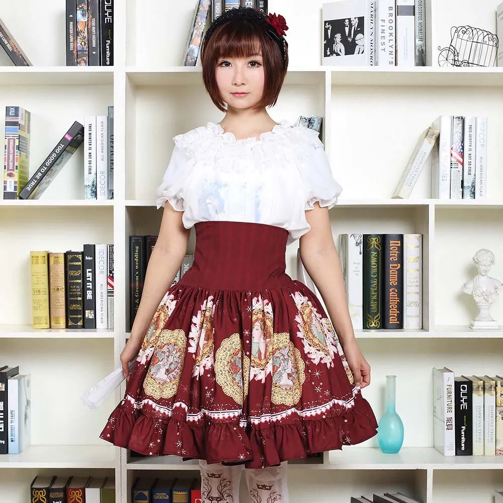 Sweet Mori Girl High Waist Skirt Musha Printed Lolita Short Skirt with Ruffles