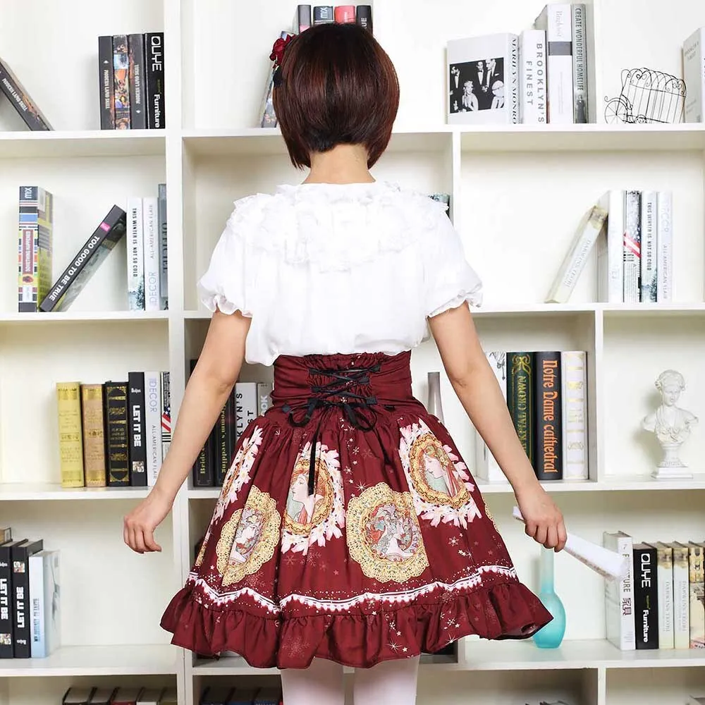 Sweet Mori Girl High Waist Skirt Musha Printed Lolita Short Skirt with Ruffles