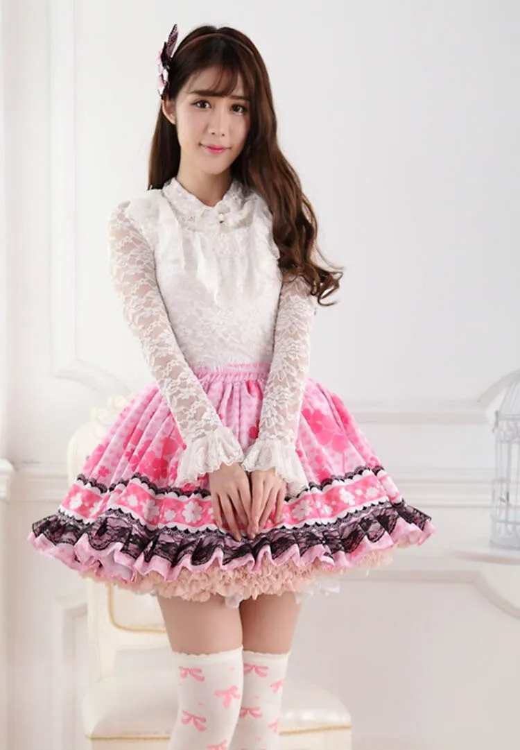 Sweet Pink Japanese Style Clover Leaf Printed Lolita Sweet Princess Skirt for Girl with Ruffled Lace