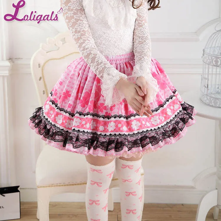 Sweet Pink Japanese Style Clover Leaf Printed Lolita Sweet Princess Skirt for Girl with Ruffled Lace