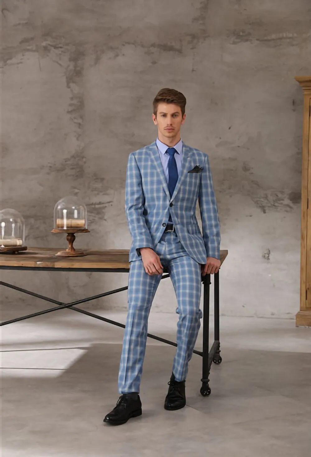 Tailor-made High Quality 150's Wool and Cashmere Fabric Sky Blue Windowpane Check Suit Men Breast Wedding Suit