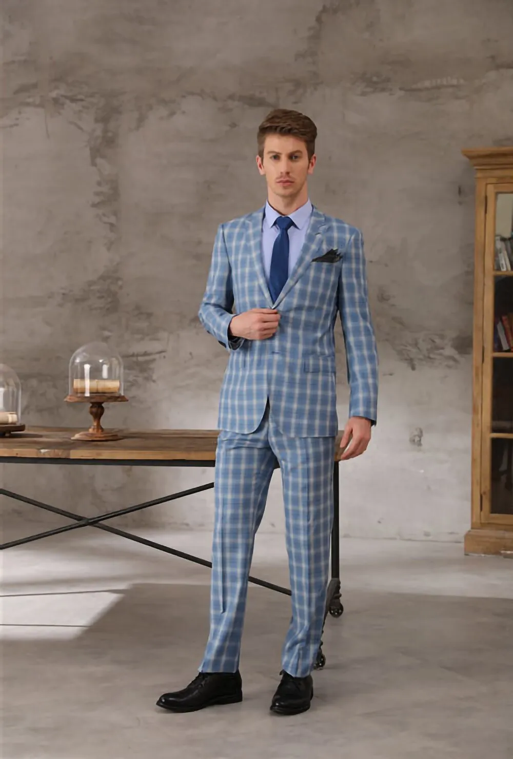 Tailor-made High Quality 150's Wool and Cashmere Fabric Sky Blue Windowpane Check Suit Men Breast Wedding Suit