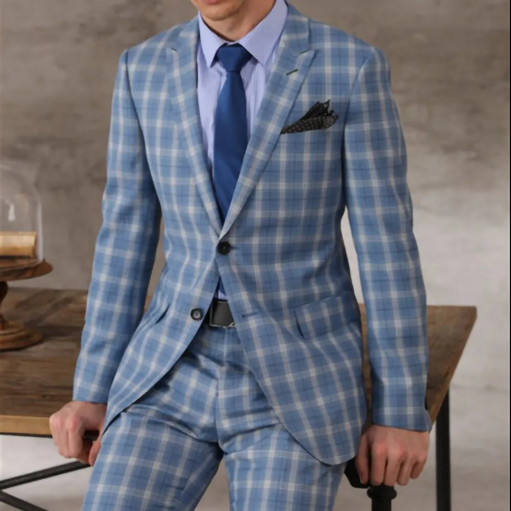 Tailor-made High Quality 150's Wool and Cashmere Fabric Sky Blue Windowpane Check Suit Men Breast Wedding Suit