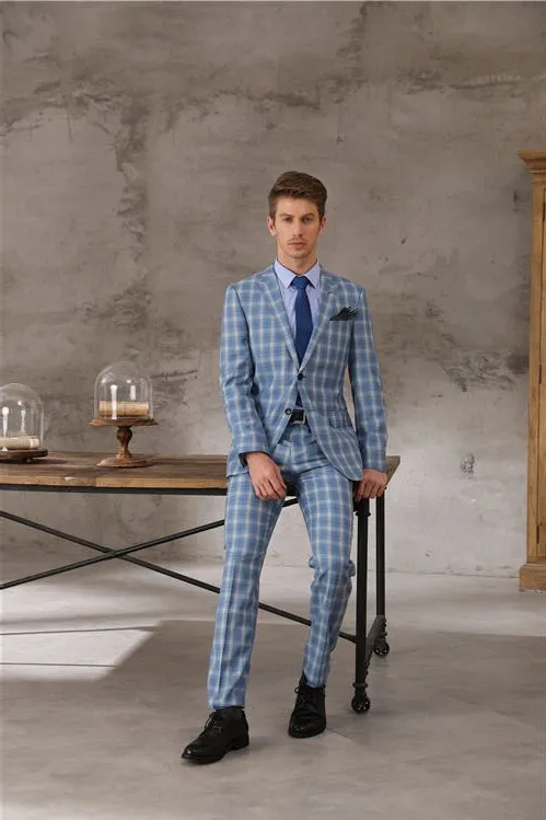 Tailor-made High Quality 150's Wool and Cashmere Fabric Sky Blue Windowpane Check Suit Men Breast Wedding Suit