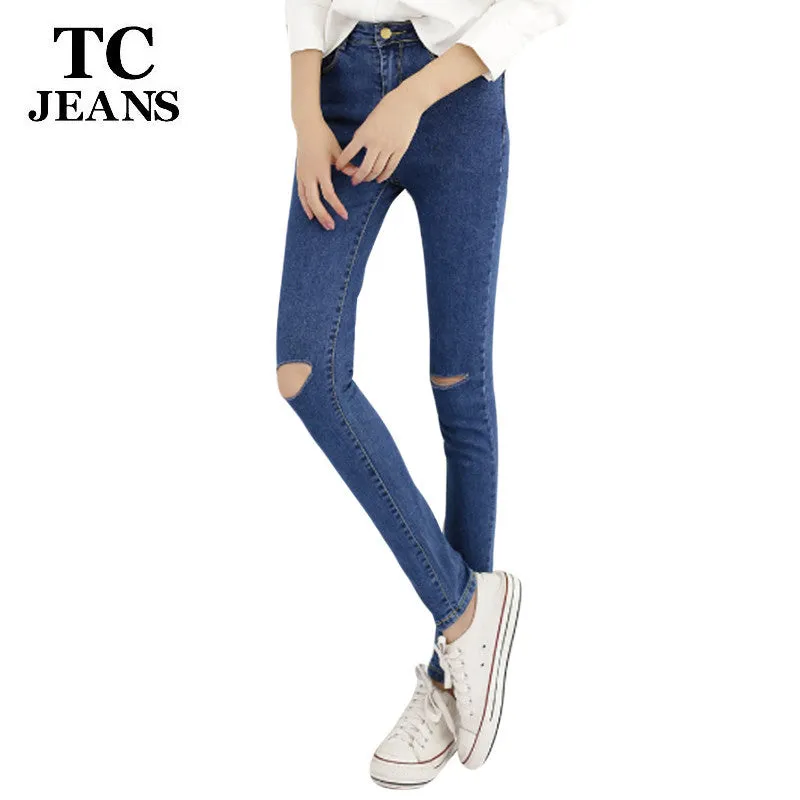 TC Hot Jeans Pants 2015 Womens Fall Fashion Female Denim Strech Blue Black Skinny Hole Ripped Pencil High Waist Plus Size PT0236