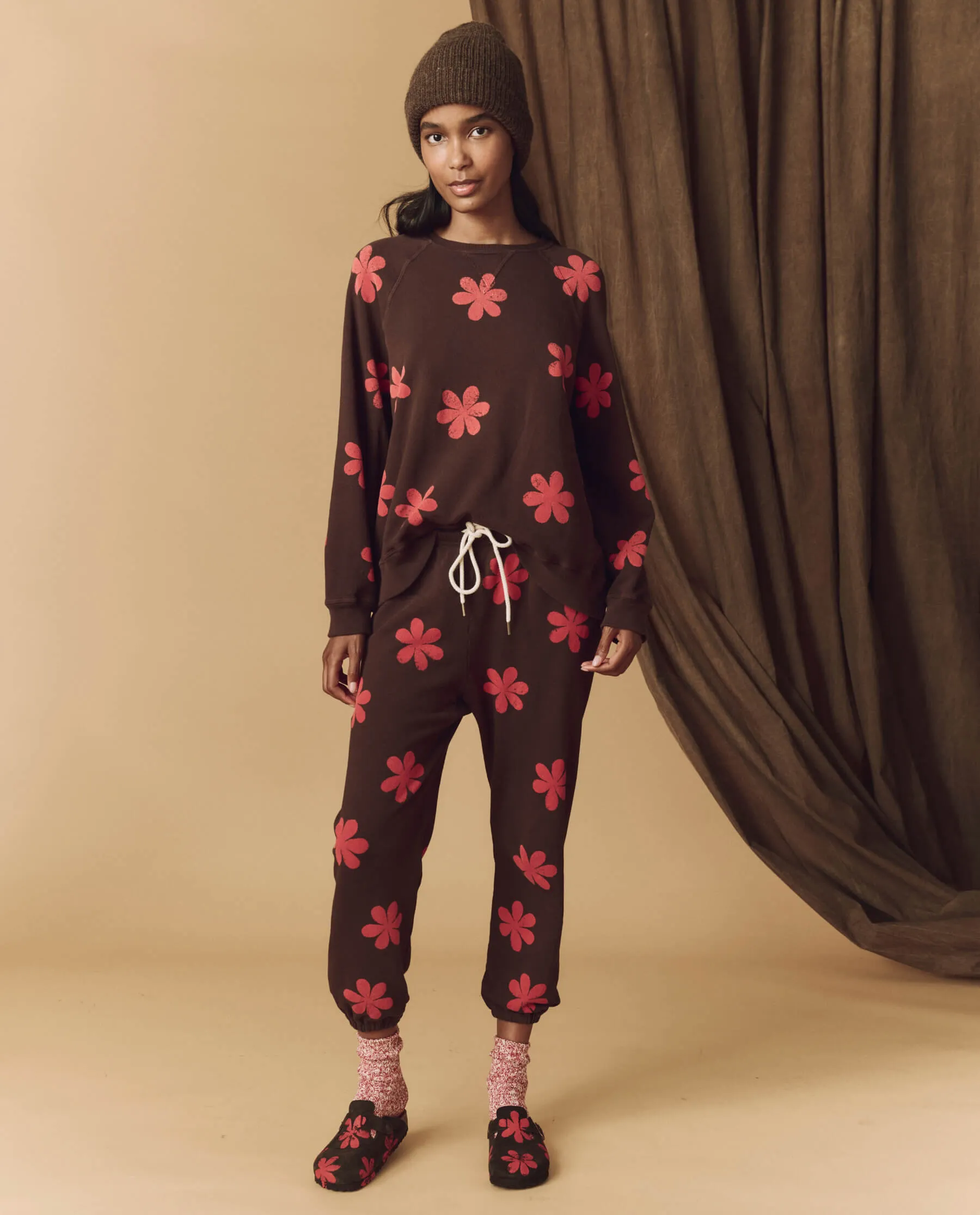 The Hand Stamped Stadium Sweatpant. -- Mocha with Hot Red Daisy