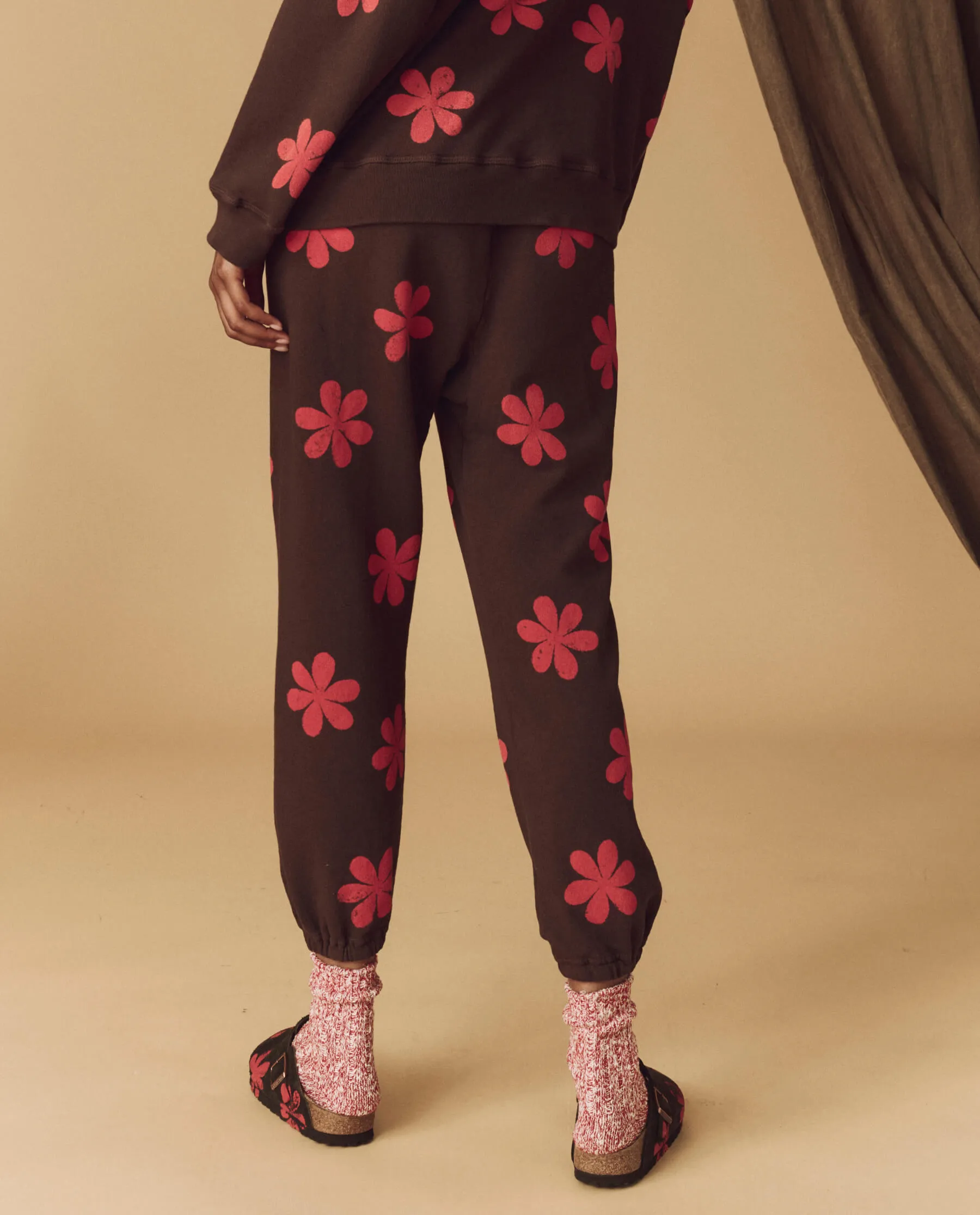 The Hand Stamped Stadium Sweatpant. -- Mocha with Hot Red Daisy