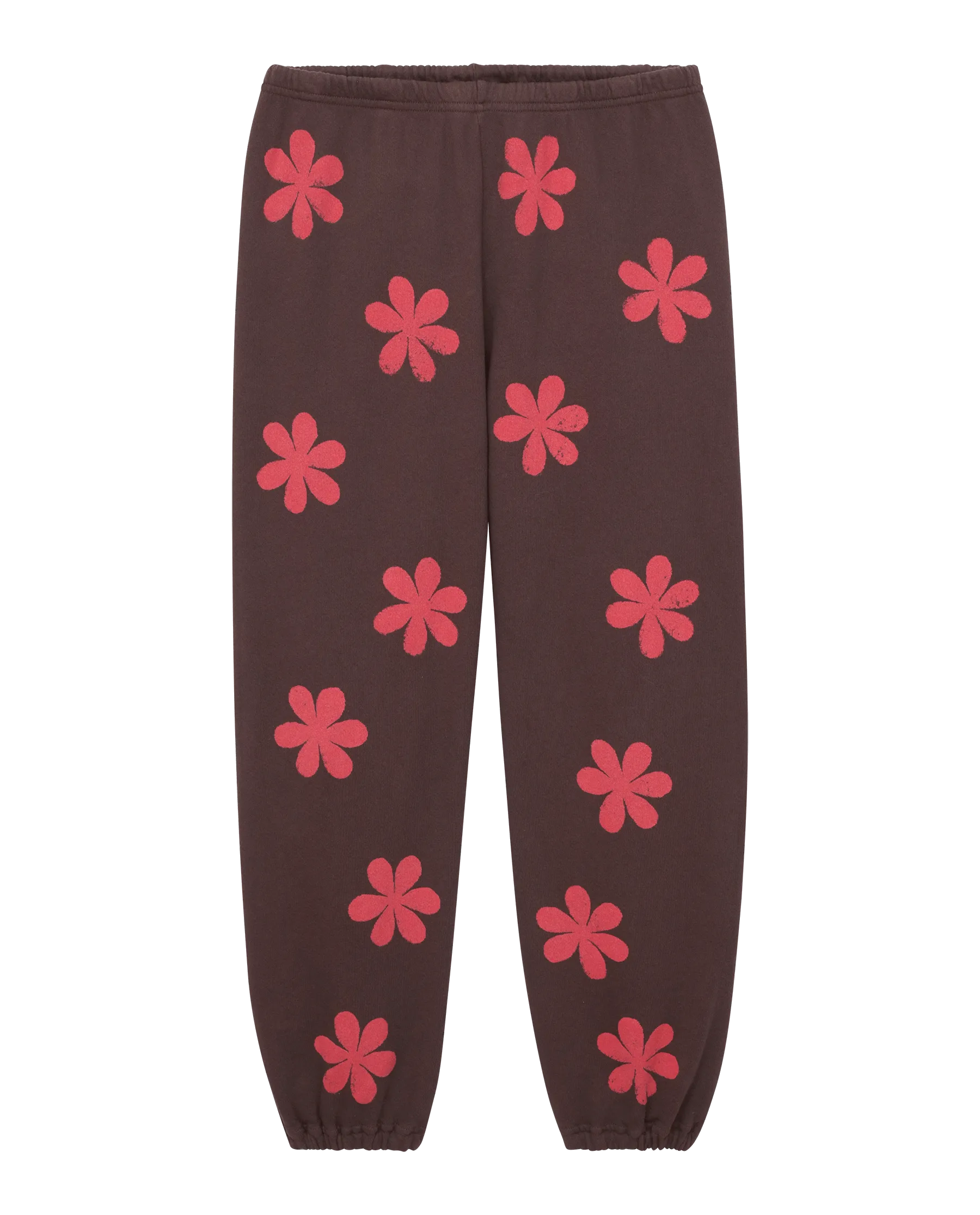 The Hand Stamped Stadium Sweatpant. -- Mocha with Hot Red Daisy