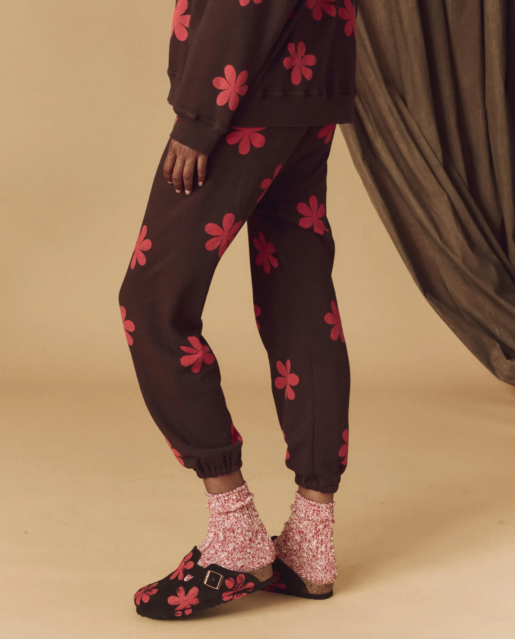 The Hand Stamped Stadium Sweatpant. -- Mocha with Hot Red Daisy