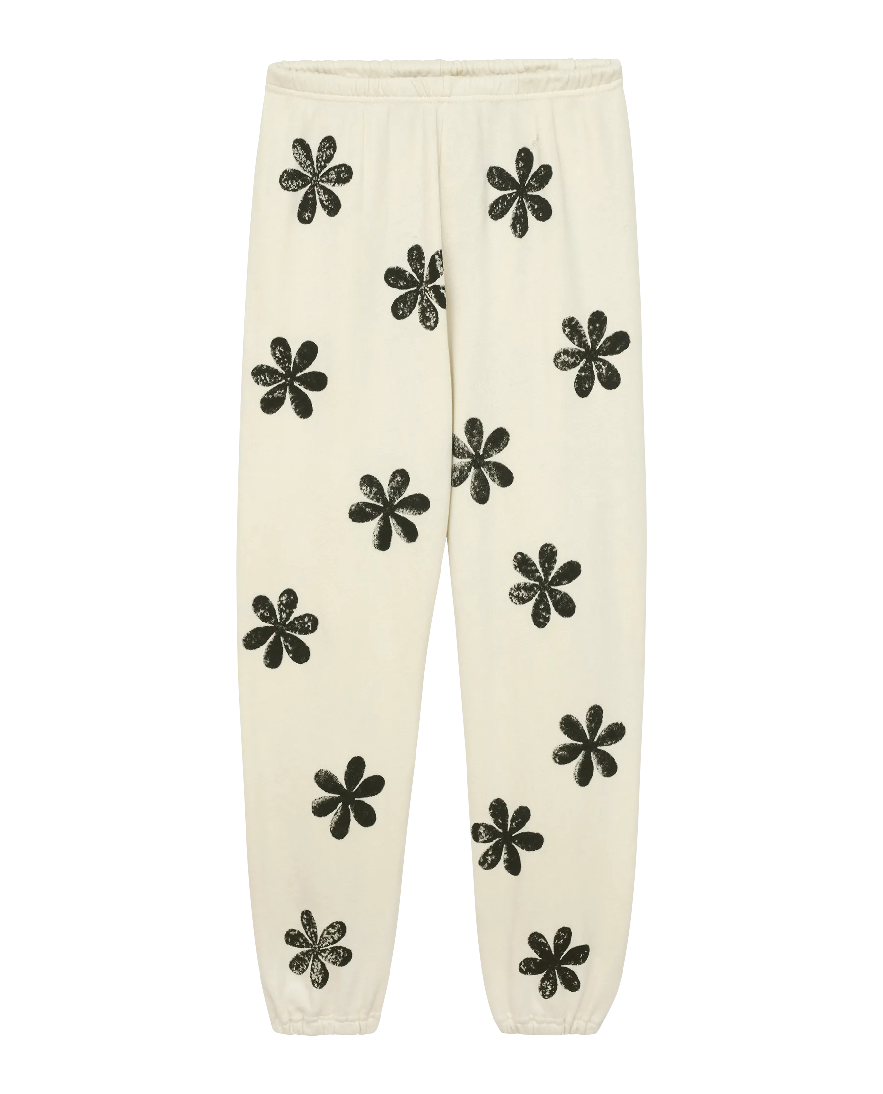 The Hand Stamped Stadium Sweatpant. -- Washed White with Black Daisy