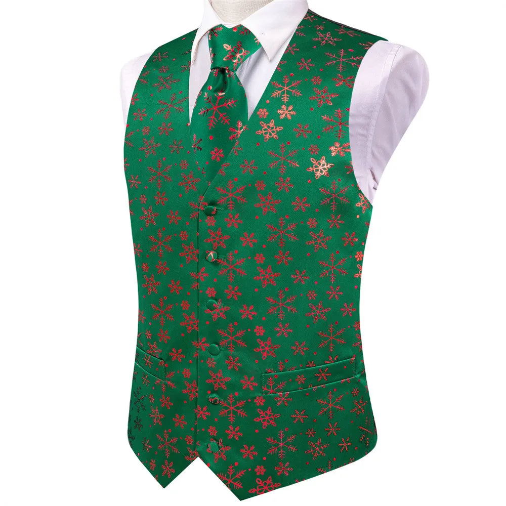 Ties2you Mens Green Red Christmas Snowflakes Silk Vest Necktie Set