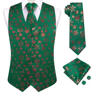 Ties2you Mens Green Red Christmas Snowflakes Silk Vest Necktie Set