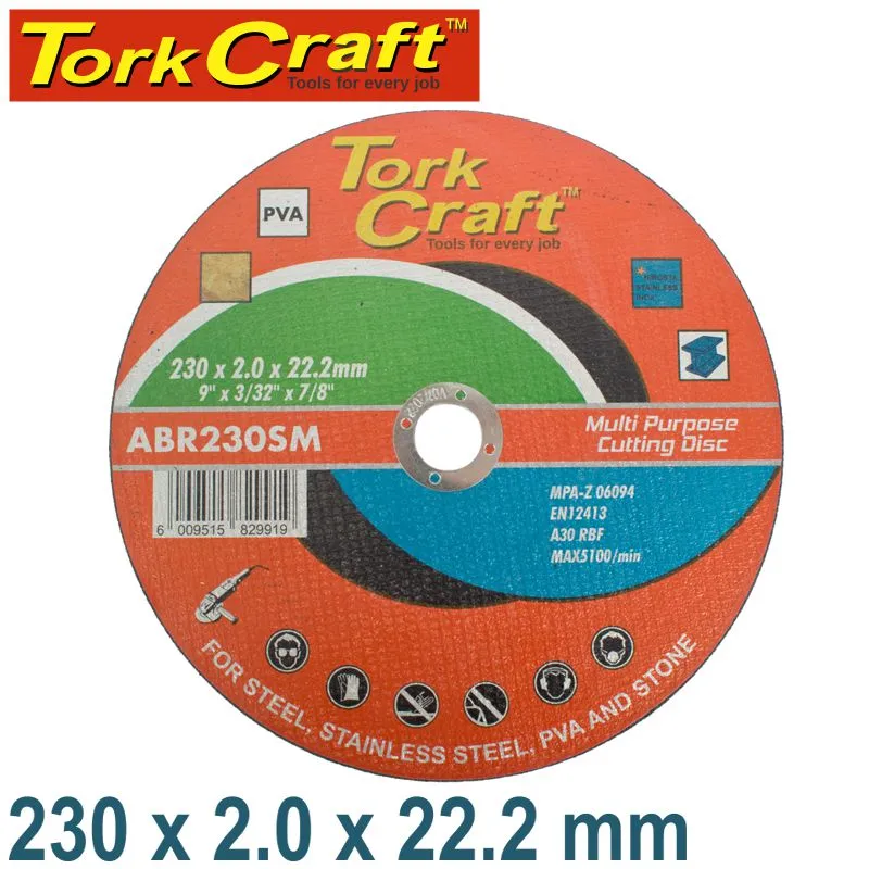 TORK CRAFT CUTTING DISC MULTI PURPOSE 230 X 2.0 X 22.2MM FOR STEEL SS PVA STONE ABR230SM