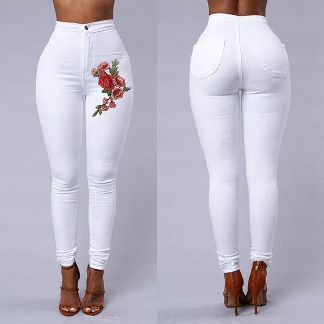 Trendy Flower High Waist Stretch Skinny Jeans