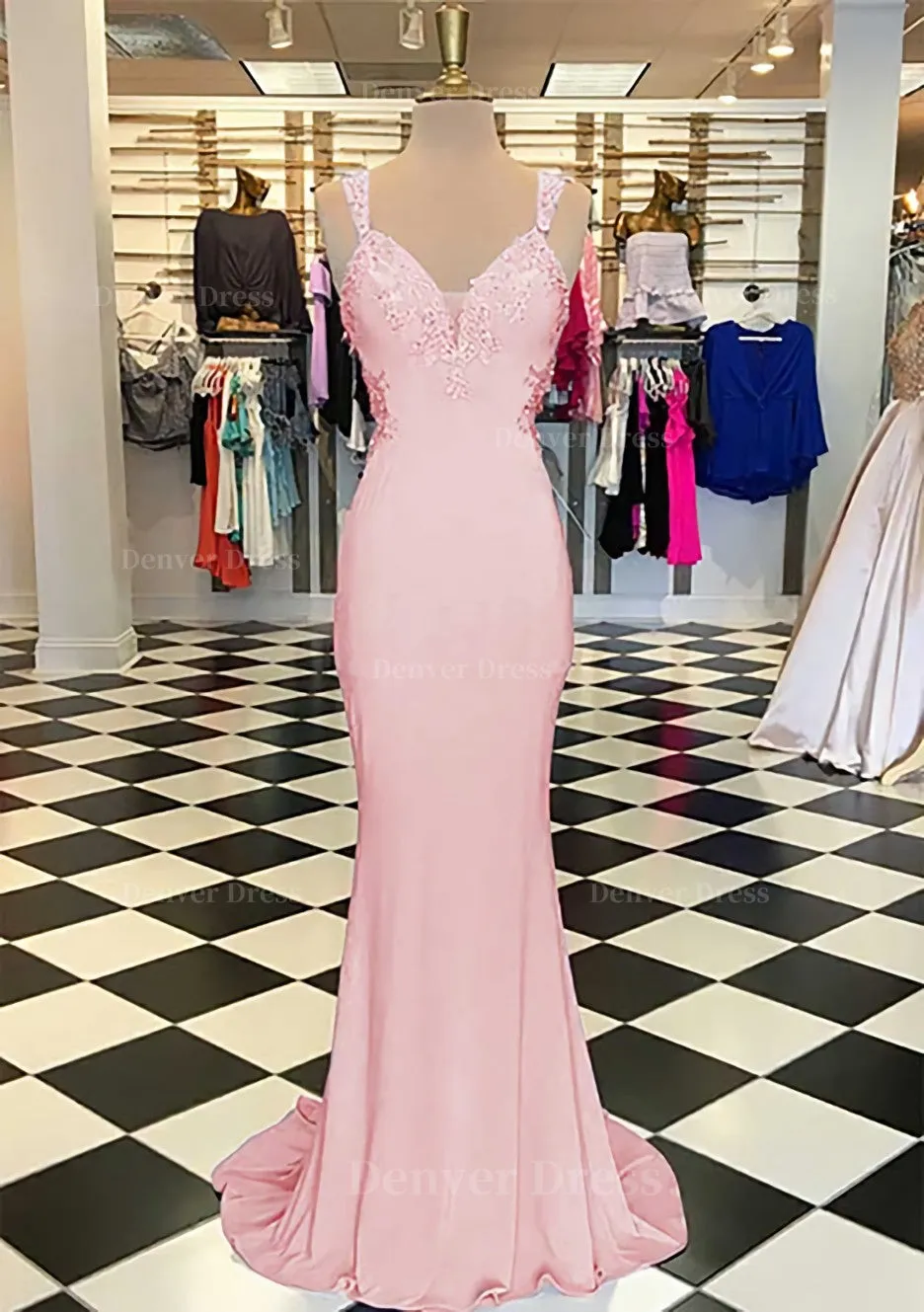 Trumpet/Mermaid Scalloped Neck Sleeveless Sweep Train Elastic Satin Prom Dress With Appliqued