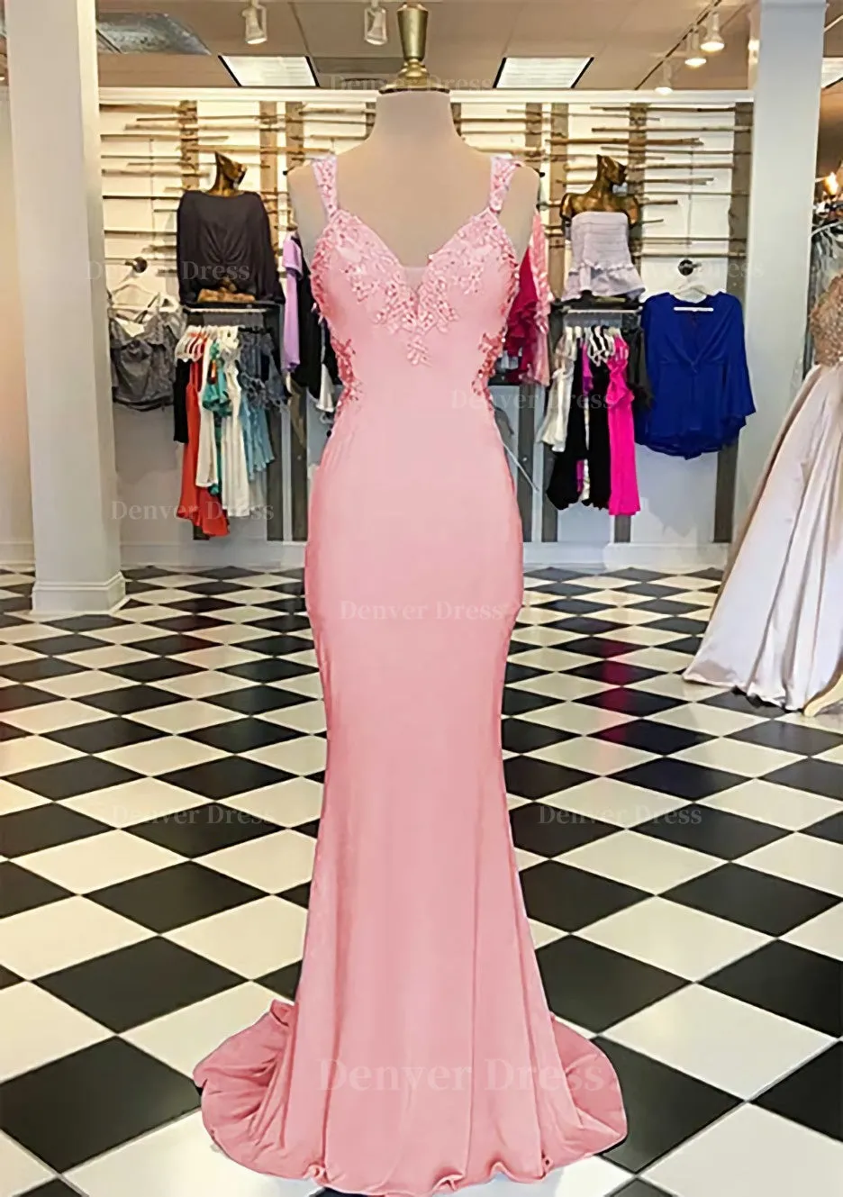 Trumpet/Mermaid Scalloped Neck Sleeveless Sweep Train Elastic Satin Prom Dress With Appliqued