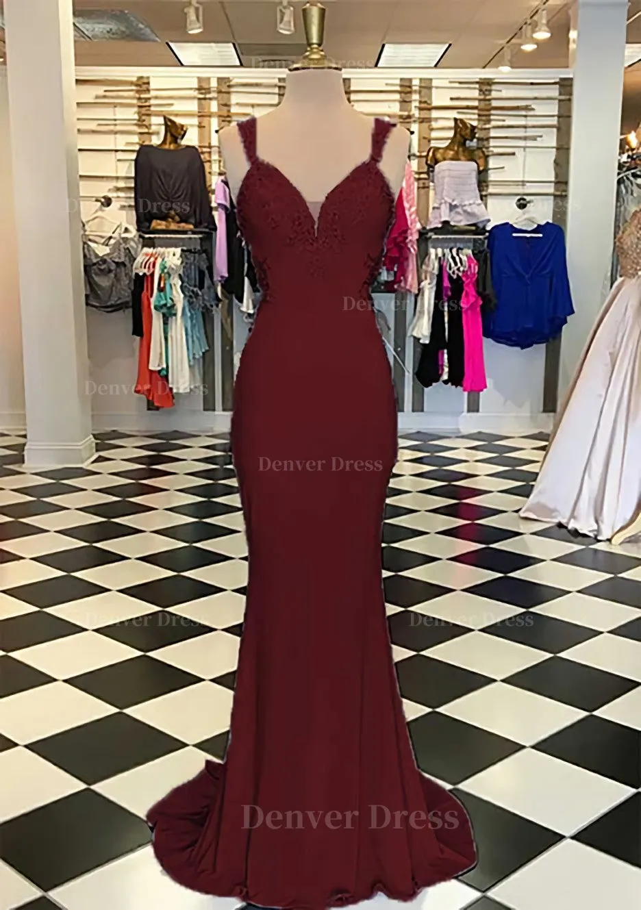 Trumpet/Mermaid Scalloped Neck Sleeveless Sweep Train Elastic Satin Prom Dress With Appliqued