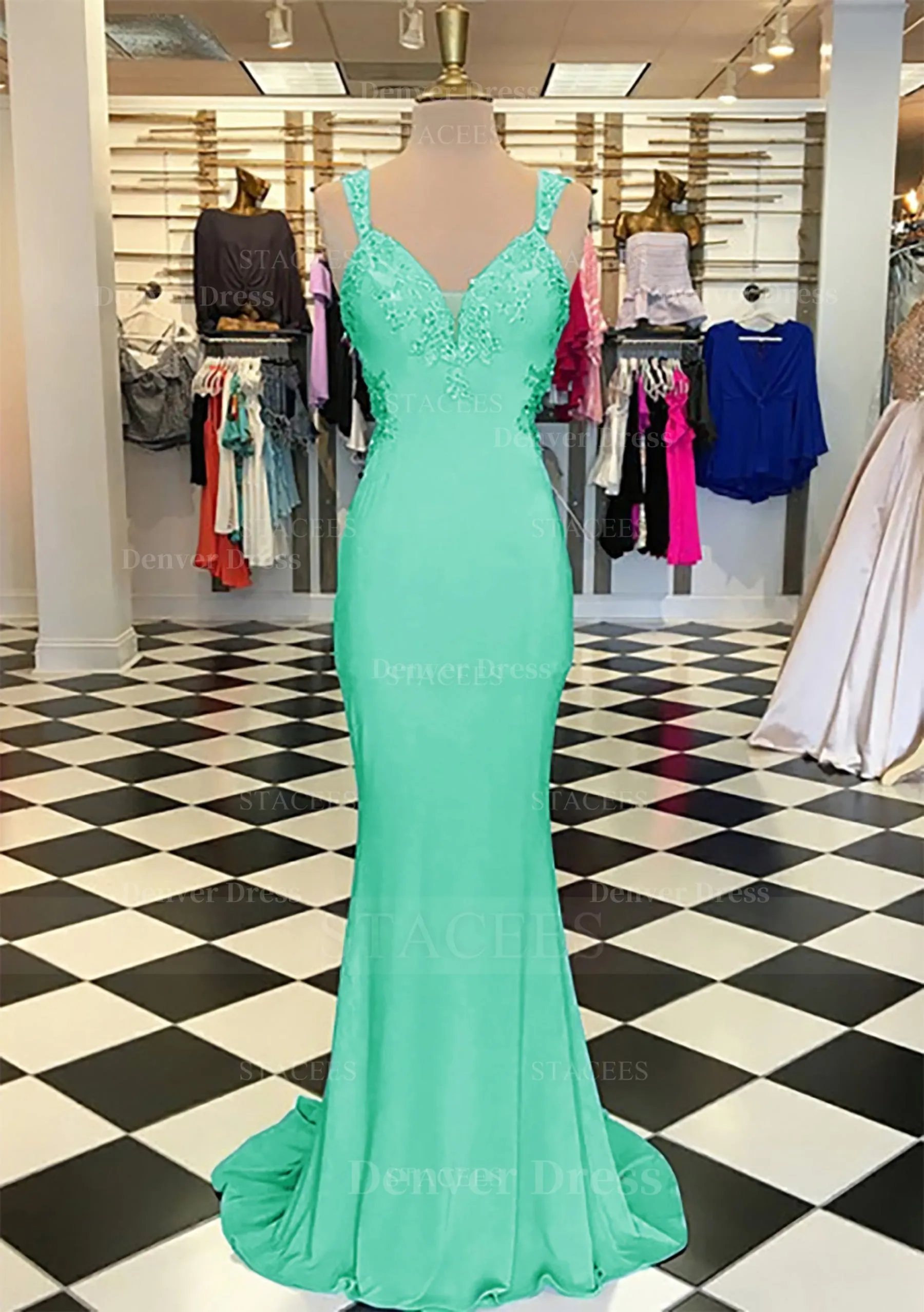 Trumpet/Mermaid Scalloped Neck Sleeveless Sweep Train Elastic Satin Prom Dress With Appliqued