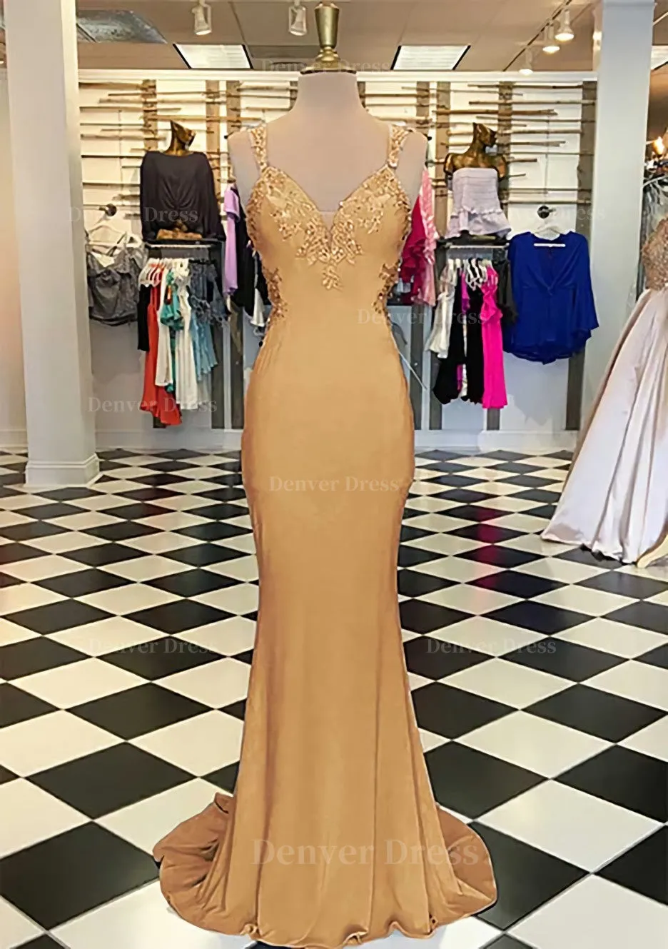 Trumpet/Mermaid Scalloped Neck Sleeveless Sweep Train Elastic Satin Prom Dress With Appliqued