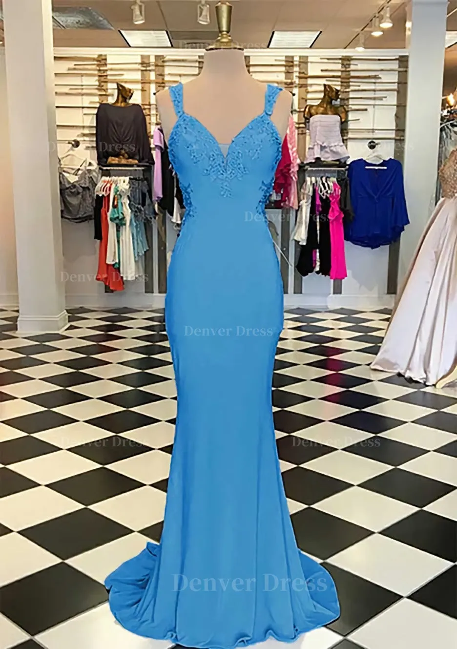 Trumpet/Mermaid Scalloped Neck Sleeveless Sweep Train Elastic Satin Prom Dress With Appliqued