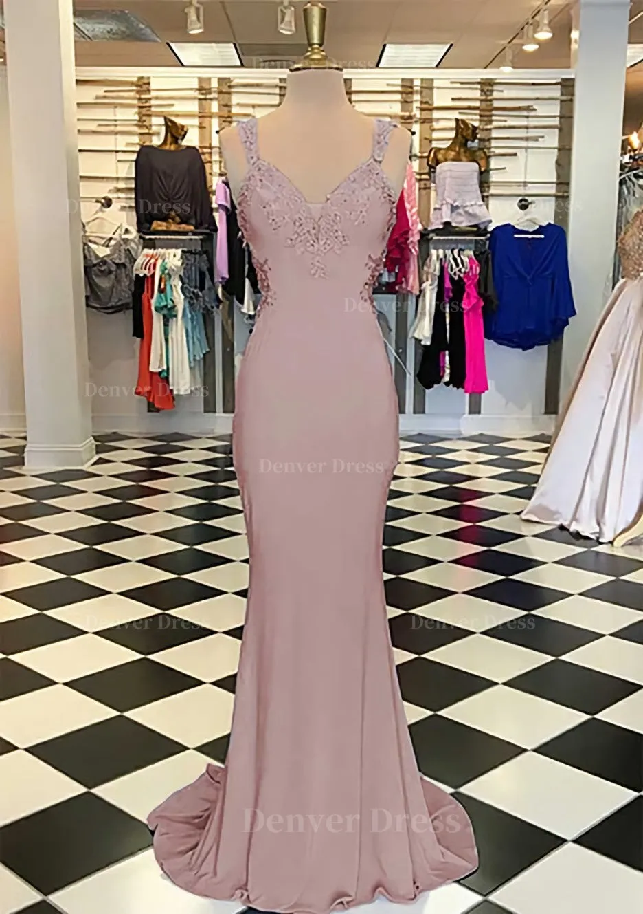 Trumpet/Mermaid Scalloped Neck Sleeveless Sweep Train Elastic Satin Prom Dress With Appliqued