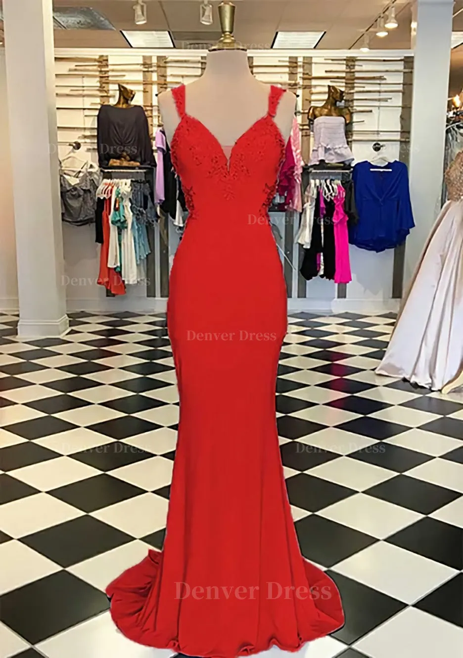 Trumpet/Mermaid Scalloped Neck Sleeveless Sweep Train Elastic Satin Prom Dress With Appliqued