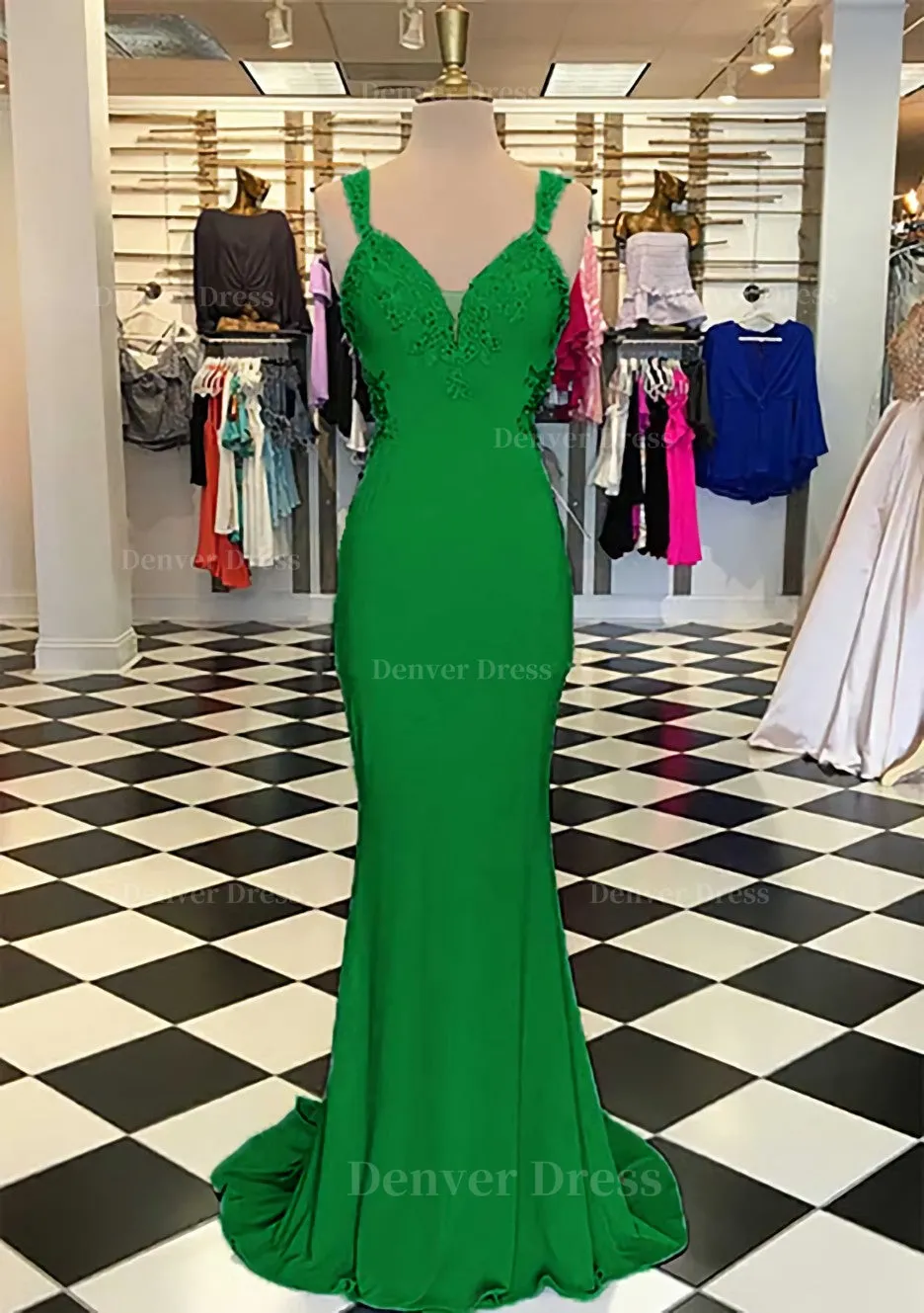 Trumpet/Mermaid Scalloped Neck Sleeveless Sweep Train Elastic Satin Prom Dress With Appliqued