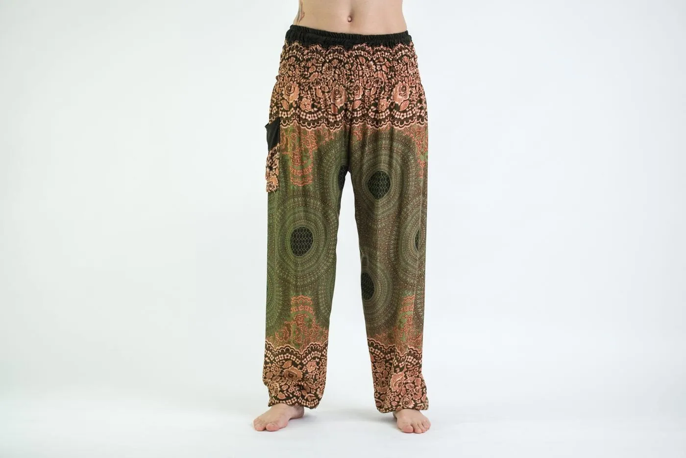 Unisex Geometric Mandalas Harem Pants in Olive