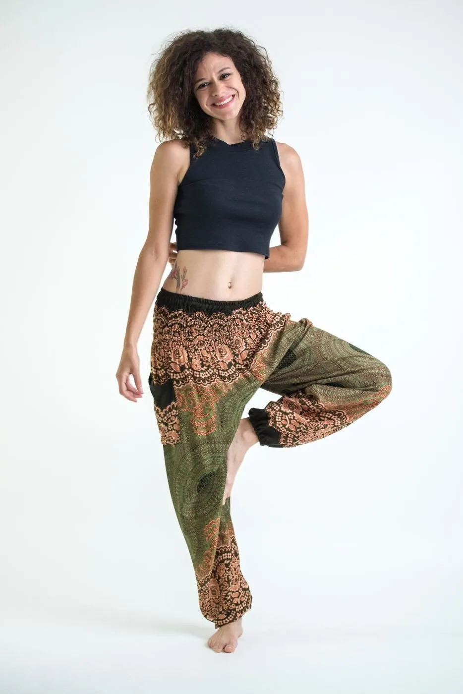 Unisex Geometric Mandalas Harem Pants in Olive